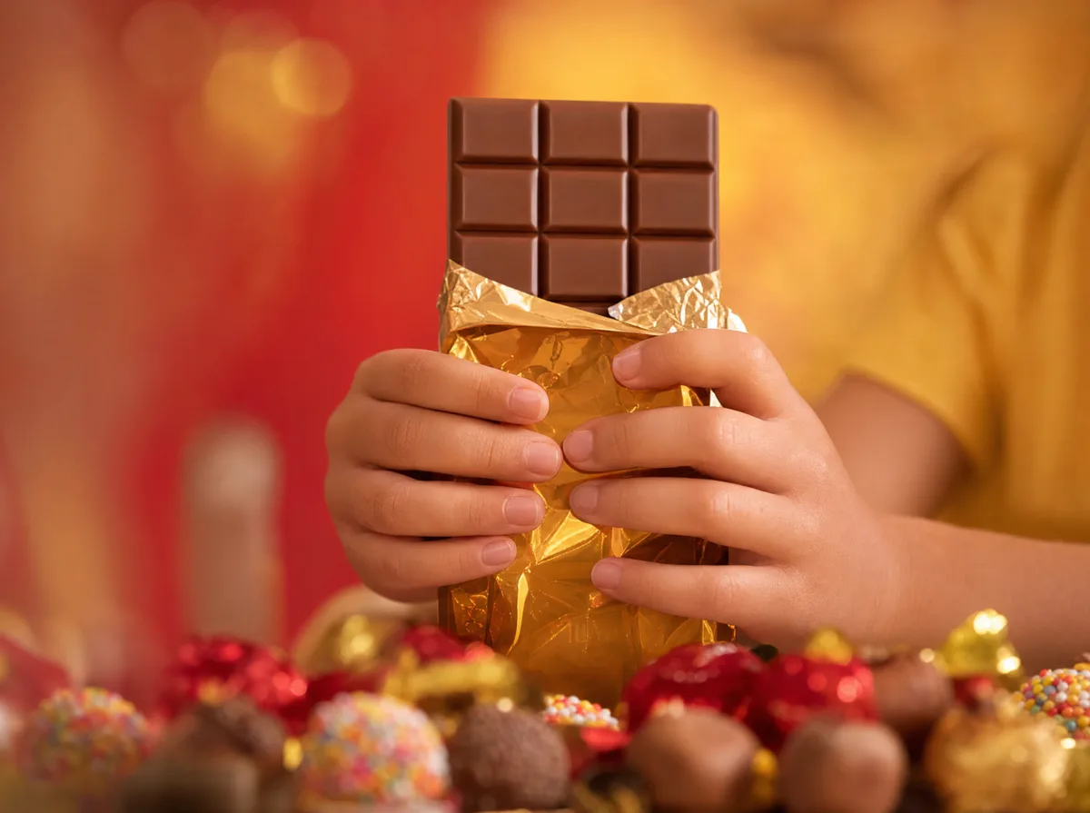 Criança segurando uma barra de chocolate em papel dourado